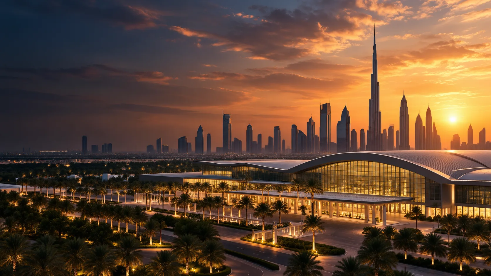 Dubai skyline and exhibition venue at sunset